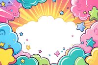 Colorful cartoon clouds and stars frame with bright rainbow colors and sunshine rays creating cheerful border for kids design projects.