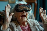 Senior Caucasian woman with gray hair wearing VR goggles reacts with excitement and wonder, raising hands in amazement while experiencing virtual reality technology.