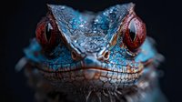 Close-up macro shot of blue and red reptilian face with intense red eyes and detailed scaly texture against dark background, showcasing intricate natural patterns.