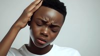 Young African American woman with closed eyes expressing headache pain, wearing white t-shirt against light background, showing emotional distress and discomfort.