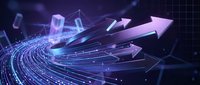 Digital arrows pointing upward on glowing blue and purple network grid, representing growth, progress, and data flow for business, technology, and financial success concepts.