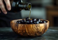 Pouring olive oil over fresh black olives in wooden bowl with distinctive grain pattern, dark moody food photography on rustic background.