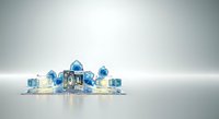 Luxury blue and white gift boxes with ribbons and ornaments arranged around a decorative lantern on reflective surface for holiday and festive season designs.