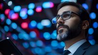 Middle Eastern businessman with glasses and gray beard looking up thoughtfully against blurred colorful bokeh lights background, professional corporate portrait.