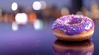 Glazed donut with colorful sprinkles on purple reflective surface against blurred bokeh lights background, close-up view of sweet dessert with mirror reflection.