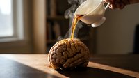Coffee being poured over human brain on wooden surface in warm indoor setting with steam rising, conceptual creativity and mental stimulation.