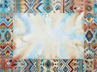 Tribal geometric border frame with turquoise, orange, and cream colors on textured watercolor background. Southwestern design for invitations, posters, and creative projects.