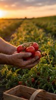 Farmer hands holding fresh ripe tomatoes at sunset in agricultural field with wooden crate for organic harvest and sustainable farming practices.