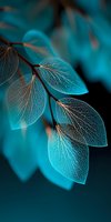 Close-up of delicate leaves with intricate vein patterns illuminated in ethereal blue light creating dreamy botanical atmosphere for nature and wellness designs.