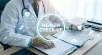 Male doctor in white coat with stethoscope using digital health check-up interface with medical icons and technology overlay for healthcare innovation.