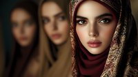 Middle Eastern woman wearing burgundy hijab with gold embroidered details, dramatic lighting emphasizes striking features and deep brown eyes, two women blur in background.