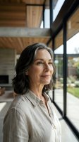 Middle-aged woman with shoulder-length dark hair and fair complexion wearing light linen shirt, standing in modern home interior with large windows, wooden ceiling and concrete elements, natural daylight.