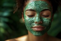 Young African American woman with closed eyes wearing green clay face mask for skincare routine and spa treatment relaxation.