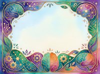 Ornate decorative frame with brain, gears, and botanical elements in vibrant rainbow gradient colors on isolated white background for design projects.