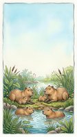 Capybara family with babies relaxing by tropical pond surrounded by lush green vegetation and aquatic plants in natural wetland habitat.