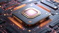 Advanced microprocessor with glowing pink core mounted on circuit board with illuminated copper pathways and electronic components for technology and computing concepts.