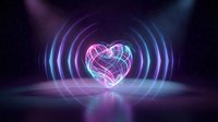 Glowing neon heart with radiating sound waves in purple and blue colors on dark background for love, romance, music and energy concepts.