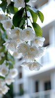 Cluster of delicate white flowers with golden stamens hanging from green leafy branches in bright sunlight, ideal for spring and nature designs.