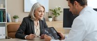 Senior Caucasian businesswoman in black suit consulting with male colleague using tablet in modern office environment for professional meeting.