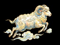 Ornate golden ram with blue and cream decorative swirls, isolated on transparent background. Ready for t-shirt design, clipart, stickers, sublimation, and print-on-demand products.