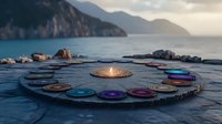Mystical arrangement of colorful crystals and burning candle in circle formation on rocky seashore at sunset, mountains in background create serene atmosphere.