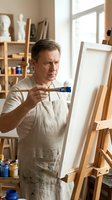 Mature Caucasian male artist painting on canvas in bright art studio wearing apron, focused on creative work with paintbrush and easel surrounded by art supplies.