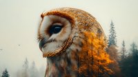 Artistic double exposure of barn owl head merged with autumn forest landscape in orange and misty tones, showing detailed feathers and piercing eyes.