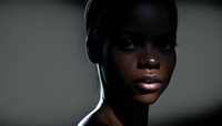 Dramatic portrait of young African woman with glowing rim light highlighting facial features against dark background, creating striking contrast and shadow play.