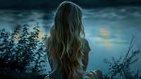 Young woman with long wavy blonde hair sitting alone by lake at dusk, watching moonlight reflection on calm water surface, back view, atmospheric moody scene.