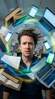 Overwhelmed businessman surrounded by swirling digital devices and documents representing information overload and multitasking stress in modern workplace.