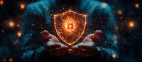 Glowing orange shield with lock icon floating above hands against dark background with bokeh lights, representing digital security and data protection.
