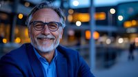 Mature Caucasian businessman with gray beard and glasses smiling confidently at dusk, wearing blue blazer against blurred city lights and bokeh background.