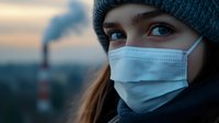 Young woman wearing protective face mask and knit hat outdoors during winter evening with industrial background showing air pollution concerns.