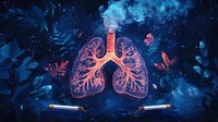 Glowing anatomical lungs with bronchial tree structure surrounded by blue smoke and floral elements against dark background, medical science concept illustration.