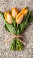 Fresh orange tulip bouquet tied with rustic twine string on natural linen fabric background, spring flowers arrangement for seasonal decoration.