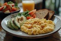 Healthy breakfast plate with fluffy scrambled eggs, fresh sliced avocado, whole grain bread, colorful vegetables and orange juice served on rustic wooden table.