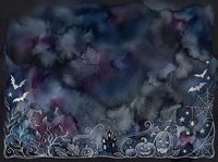 Watercolor Halloween night background with haunted house, pumpkins, bats, spider webs, and stars on dark moody sky. Perfect for seasonal designs.