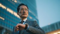 Confident Asian businessman in suit checking time on watch against modern office building backdrop during evening hours in urban financial district.