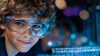 Young Caucasian male student in protective eyewear examining test tubes in science laboratory with blue lighting and bokeh effect in background. Focus on curious expression.