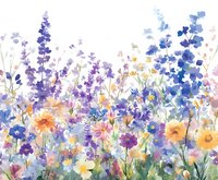Delicate watercolor wildflowers in purple, blue, and yellow hues create a meadow scene with delphiniums, daisies and forget-me-nots in soft spring colors.