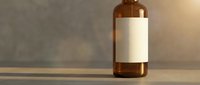 Amber glass bottle with blank white label on wooden surface against blurred background for pharmaceutical and cosmetic product mockup design.