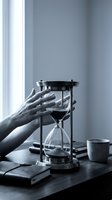 Hands reaching for vintage hourglass on wooden desk with books and coffee cup in monochrome office setting for time management and productivity concepts.