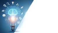 Light bulb with glowing brain and innovation icons on blue gradient background with white copy space for creative business concepts and ideas.