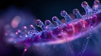 Microscopic view of purple virus or bacteria with crown-like spikes on dark background, showing detailed cellular structure for medical research or science education.
