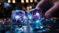 Glowing ice cubes with magical blue and purple light effects on dark wet surface with bokeh background create mystical atmosphere for fantasy designs.