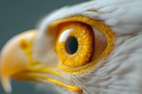 Extreme close-up macro shot of golden eagle eye with detailed iris texture, white feathers and yellow beak against blurred background, showing nature's intricate details.
