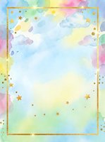 Pastel watercolor sky background with clouds, gold stars, and glitter frame, soft rainbow tones for baby shower, nursery, or greeting card design.