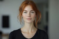 Portrait of a young woman with copper-red hair and fair complexion wearing a black casual t-shirt in a modern interior setting, suitable for lifestyle and professional applications.