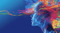 Ethereal profile silhouette with flowing rainbow colors against deep blue background, depicting consciousness and creative energy in vibrant motion.