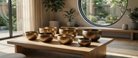 Wooden platform displaying golden singing bowls in serene meditation room with natural light, plants, and round mirror for wellness and mindfulness practices.